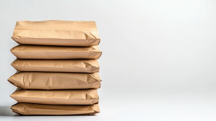 A stack of brown paper bags with simple designs, photographed on a clean white background