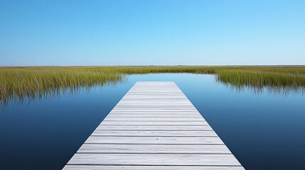 Fototapeta premium Tranquil dock extending into calm water surrounded by tall grass.
