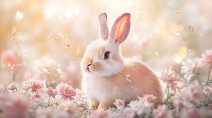 Obraz premium Adorable Fluffy Bunny Surrounded by Colorful Flowers and Butterflies