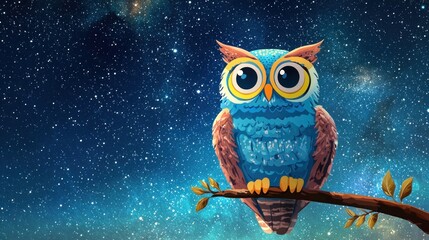 Obraz premium Colorful Cartoon Owl Against Starry Night Sky Background