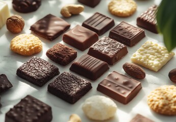 Assorted Chocolate Confectionery with Nuts and Cookies Displayed on White Marble Surface, Highlighting a Variety of Tempting Treats for Dessert Lovers