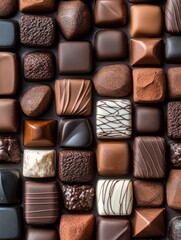 Assorted Chocolate Confections in Various Shapes and Textures Displayed on a Dark Background for a Visually Appealing Dessert Presentation