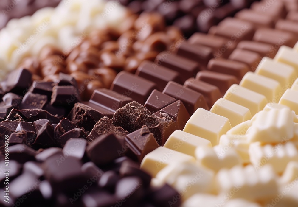 Poster assorted chocolate varieties displayed in an artistic layout showcasing dark, milk, and white chocol