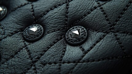 Stitching details and diamond-shaped buttons on a black leather background