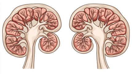 Detailed Human Kidney Anatomy Illustration Cross Section View of Renal Structures