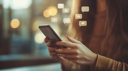 Woman using smartphone with social media notifications.