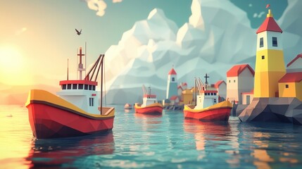 Obraz premium Vibrant Anime Fishing Harbor, low poly design, colorful boats, serene sea, tranquil atmosphere, ideal for immersive environments