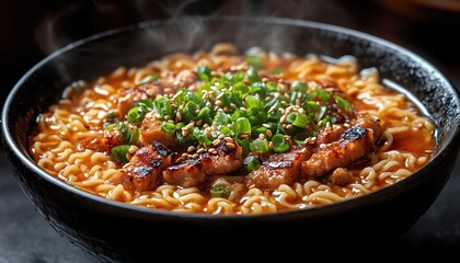 Closeup of steaming ramen with grilled pork, green onions, and sesame seeds