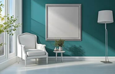 a modern living room with teal walls and white furniture, featuring an armchair near a side table holding plants and vases.