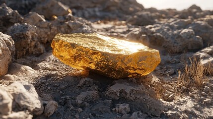 Closeup of a Large Gold Nugget Shining with Natural Luster in a Pristine Geological Setting, Symbolizing Wealth and Natural Resources