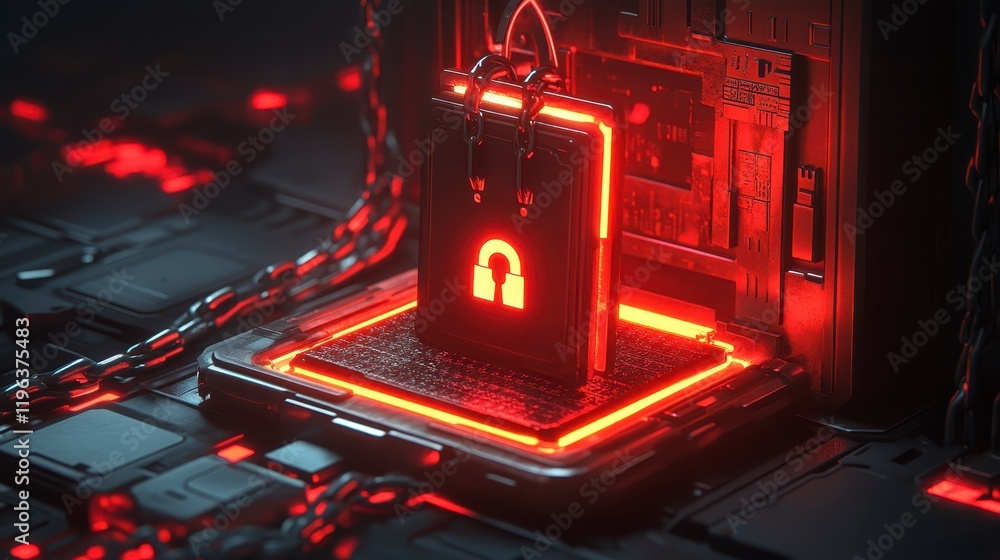 Aufkleber futuristic cyber security concept red neon padlock on secure server with chains