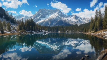 Alpine Lake with Snow-Capped Mountains and Pine Forest Reflection