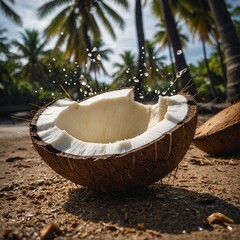 Photograph the moment of breaking open a coconut.