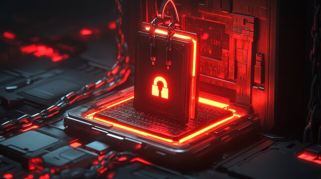 Futuristic Cyber Security Concept Red Neon Padlock on Secure Server with Chains