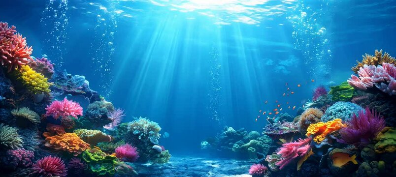 Beautiful underwater seabed life with coral. Marine wildlife nature panorama. Generative video AI technology.	
