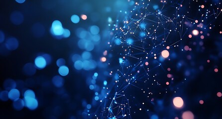 Abstract digital background with interconnected nodes and glowing particles.