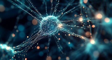 A close-up of neurons with glowing connections, illustrating neural networks and communication.