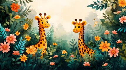Obraz premium A vibrant illustration of endangered animals surrounded by blooming plants and trees under a clear sky