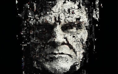 A pixelated portrait of a weathered face, emphasizing texture and expression through abstraction.