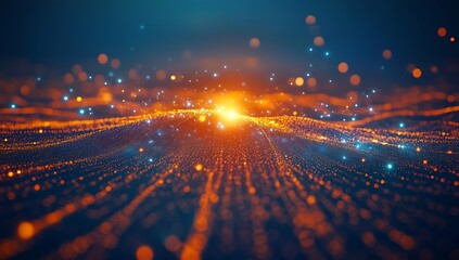 A vibrant digital landscape with glowing particles and waves of light.