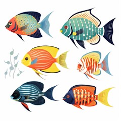 Naklejka premium This illustration features vibrant tropical fish in various colors and shapes swimming gracefully. Their vivid colors contrast beautifully against a clean white background.
