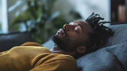 A man lying on a couch, eyes closed, taking a well-deserved rest after a long day.