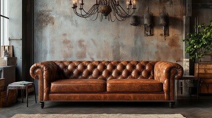 Brown leather Chesterfield sofa in industrial loft interior with textured wall, chandelier, and plant.