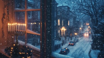 Fototapeta premium Cozy Hanukkah evening scene with a menorah glowing on a windowsill overlooking snowy streets