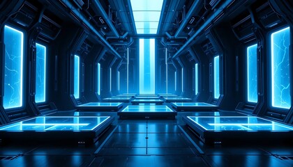 Futuristic Sci-Fi Corridor with Bright Blue Neon Lights and Glass Platforms