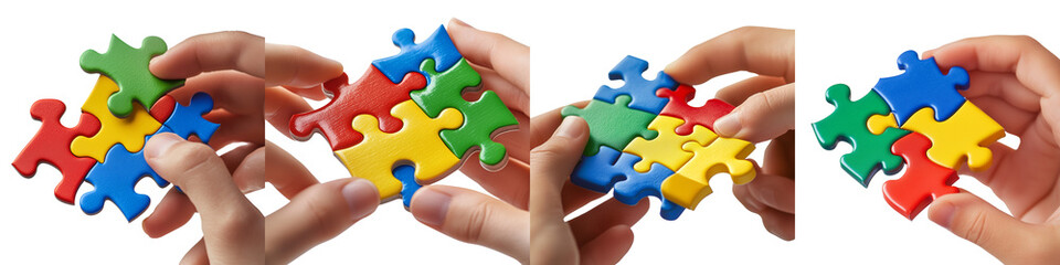 set of Hands making a puzzle of colors, a symbol of unity for autism awareness, a symbol of unity, a handmade puzzle of colors, a handmade puzzle of colors, on a transparent backgrounds
