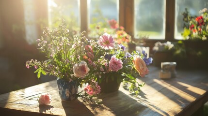 Fototapeta premium Delicate flower arrangements on a sunlit wooden table