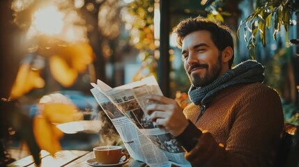 A man sipping coffee and reading a newspaper, starting his day as a happy morning person.