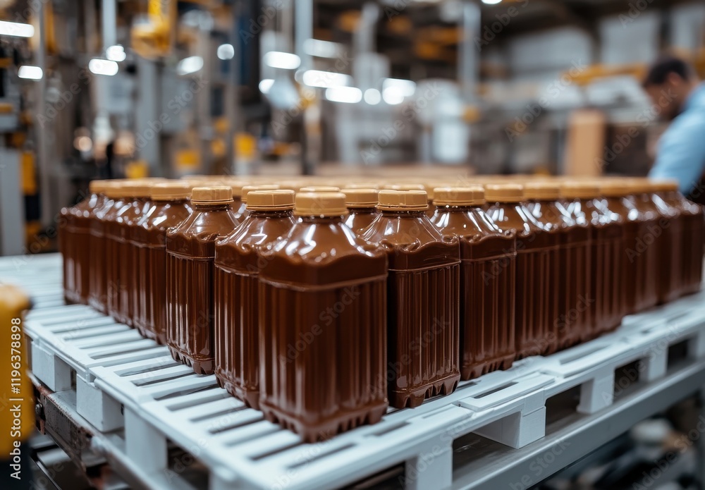 Poster bottles of chocolate sauce on production line in modern factory with worker in background creating s