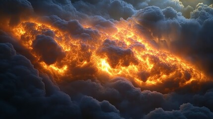 Fiery Inferno within Dark Clouds Dramatic Volcanic Eruption or Celestial Fire