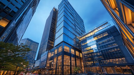 Fototapeta premium Modern glass skyscrapers at dusk, city skyline view.
