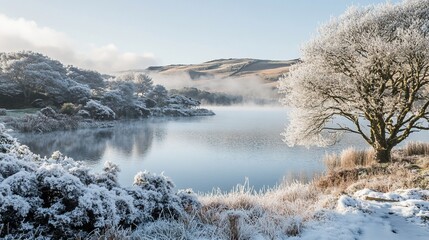 Frosty winter landscape with lake, trees, and hills.