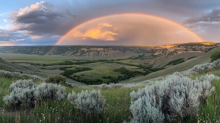 Scenic panoramic view of a vibrant rainbow arching over a vast valley at sunset, with lush greenery and shrubs in the foreground.