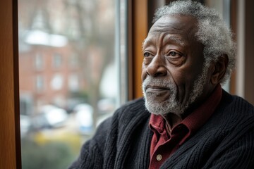 Pensive black senior man with mobility walker by window in nursing home. Generative AI