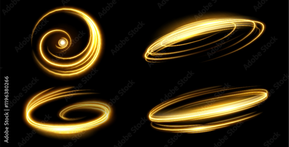 Poster speed light spirals and circular trails set - golden luminous swirls with glowing neon effect on dar