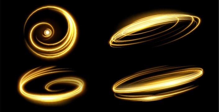 Speed light spirals and circular trails set - golden luminous swirls with glowing neon effect on dark background. Radiant oval paths with dynamic movement illusions for futuristic or festive design.