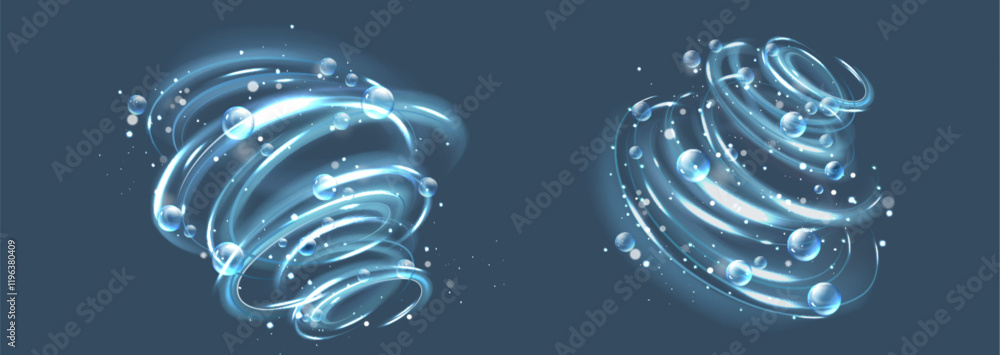 Poster bubble swirl effect with spiral luminous trails - glowing vortex decorated with transparent spheres 