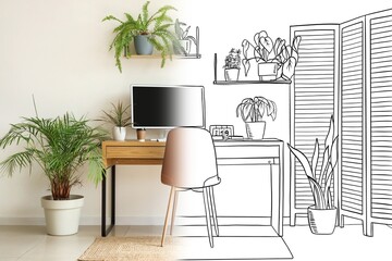 Fototapeta premium New interior of light office with workplace, shelves and houseplants