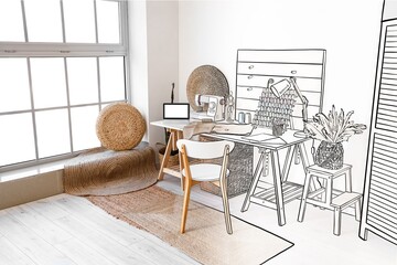 New interior of modern atelier with tailor's workplace and threads