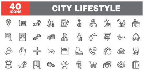Set of 40 line icons city lifestyle. Outline icon collection. Editable stroke. Vector illustration.