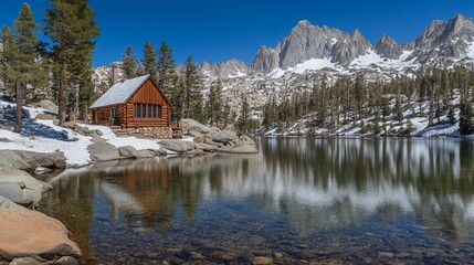 Fototapeta premium Secluded mountain cabin by pristine lake reflecting snow-capped peaks under a clear blue sky.