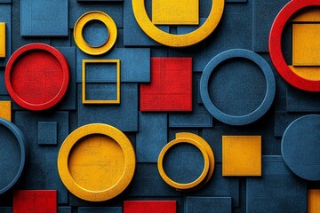 Abstract Geometric Pattern of Circles and Squares in Red Yellow and Blue