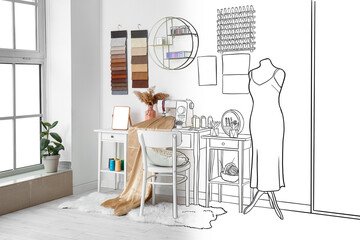 Interior of atelier with tailor's workplace, shelf and mannequin