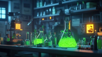 Glowing Green Ooze in a Low Poly Lab Experiment Gone Wrong, chaotic scene of vibrant colors and distorted shapes, evoking a sense of danger and curiosity