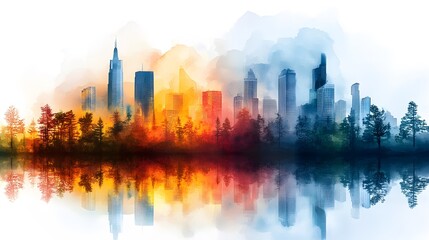 Fototapeta premium A vibrant watercolor of a cityscape with water-efficient infrastructure, celebrating innovation