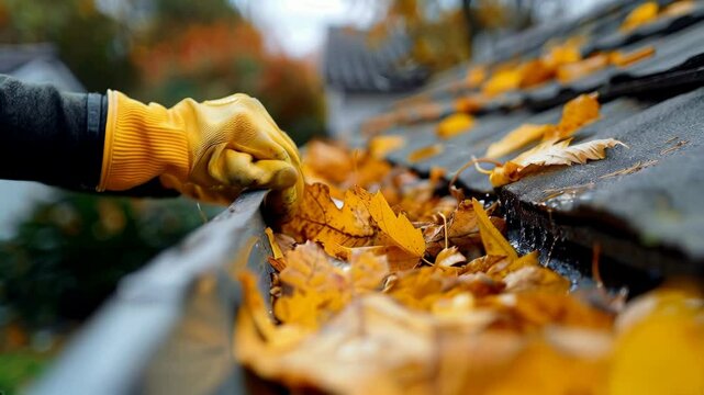 A person wearing yellow gloves cleaning the roof and downspout of leafs with water